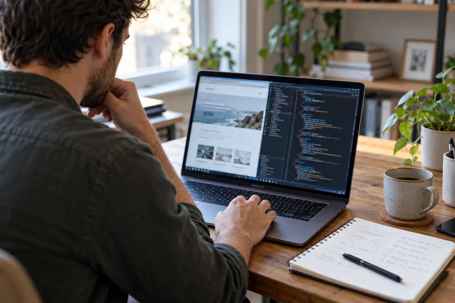A freelancer reviewing an unfinished website and code at a laptop