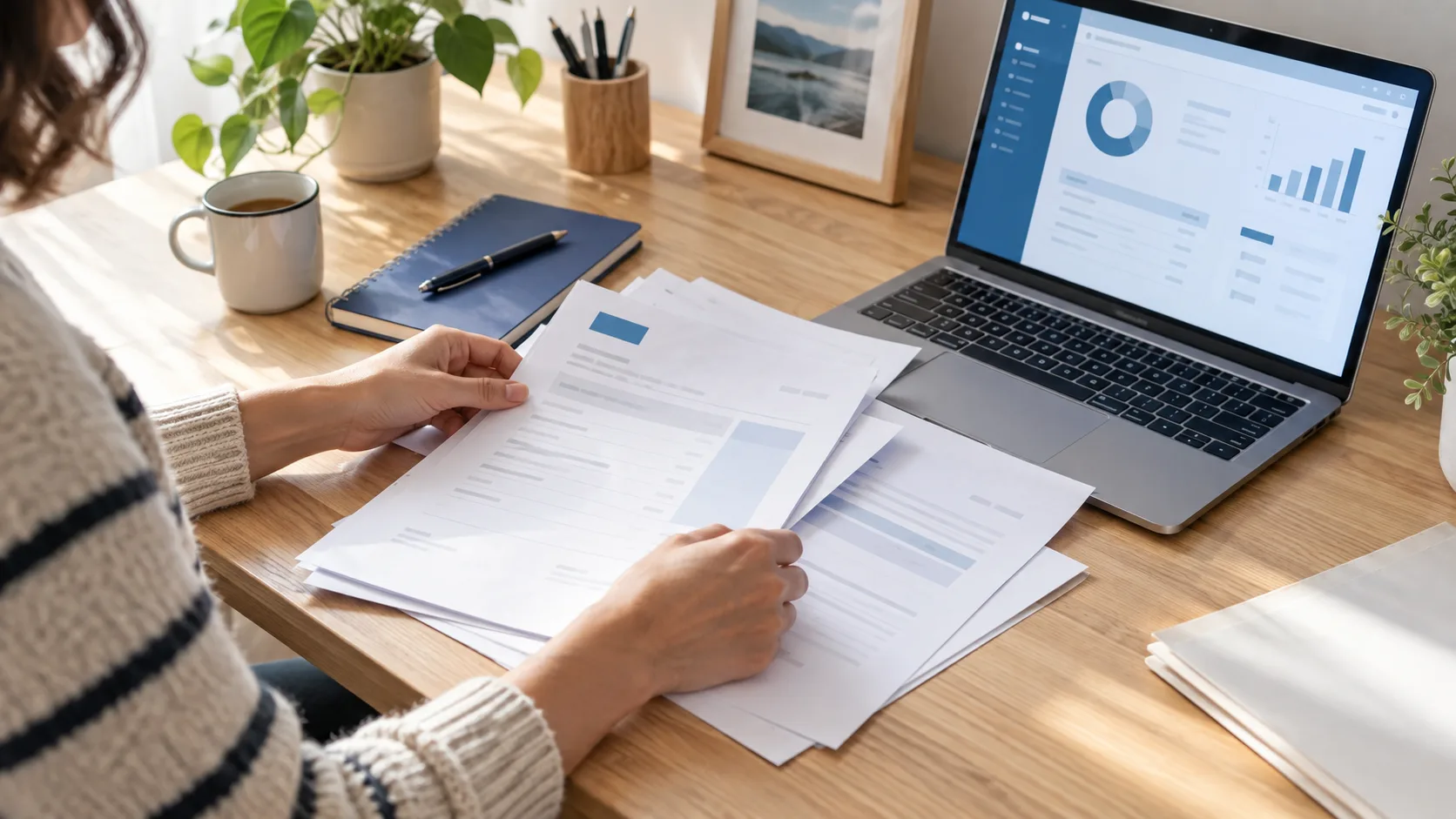 A freelancer reviewing invoices at a desk beside a laptop